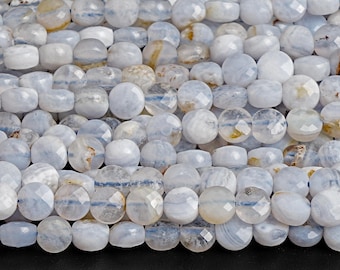 Genuine Natural Lace Agate Gemstone Beads 4MM Blue White Faceted Coin Round AA Quality Loose Beads (127706)