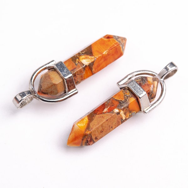 2 Pcs - 31x8MM Orange Copper Bronze Imperial Jasper Beads Healing Hexagonal Pointed Pendant Synthetic Grade AA Silver Plated Cap (113054)