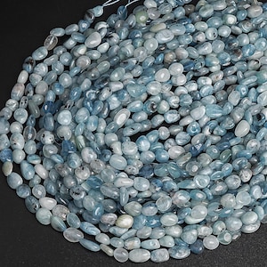 Genuine Natural Aquamarine Biotite Inclusions Gemstone Beads 7-9MM Light Blue Pebble Chips Loose Beads 15&quot; Strand (122807)