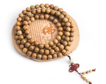 108 Pcs - 10MM Green Sandalwood Mala Beads Fragrant Natural Wood Round Beads 43" (80018)