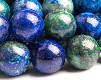 May include: A close-up of a strand of round, blue and green gemstone beads. The beads have a mottled, marbled appearance with a mix of blue, green, and gold tones.