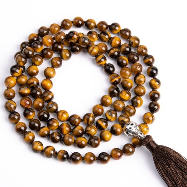 108 Pcs - 8MM Yellow Tiger Eye Mala Beads Necklace Grade AAA Genuine Natural Round Gemstone with Long Tassel (106812)
