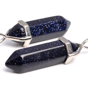 2 Pcs - 39x8MM Night Sky Blue Goldstone Beads Hexagonal Pointed Pendant Grade AAA Silver Plated Cap (102504)