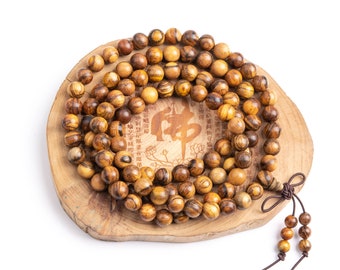 108 Pcs - 8MM Qinan Sandalwood Mala Beads Fragrant Natural Wood Round Beads 35" (80056)
