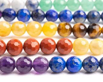 Genuine Natural 7 Chakra Gemstone Beads 7-8MM Multicolor Micro Faceted Round AAA Quality Loose Beads (107033)