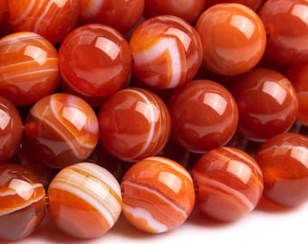 Genuine Natural Striped Agate Gemstone Beads 7-8MM Orange Round AAA Quality Loose Beads (102959)