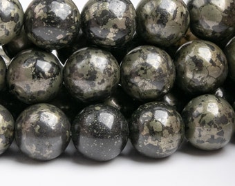 Genuine Natural Pyrite Gemstone Beads 9-10MM Black & Gold Round AAA Quality Loose Beads (103198)