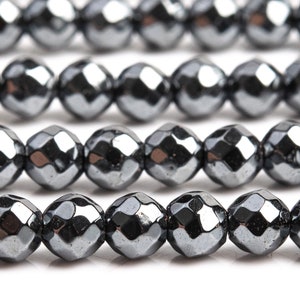 本物の天然ヘマタイト宝石ビーズ 4mm ブラックファセットラウンド AAA品質 ルースビーズ (101349)