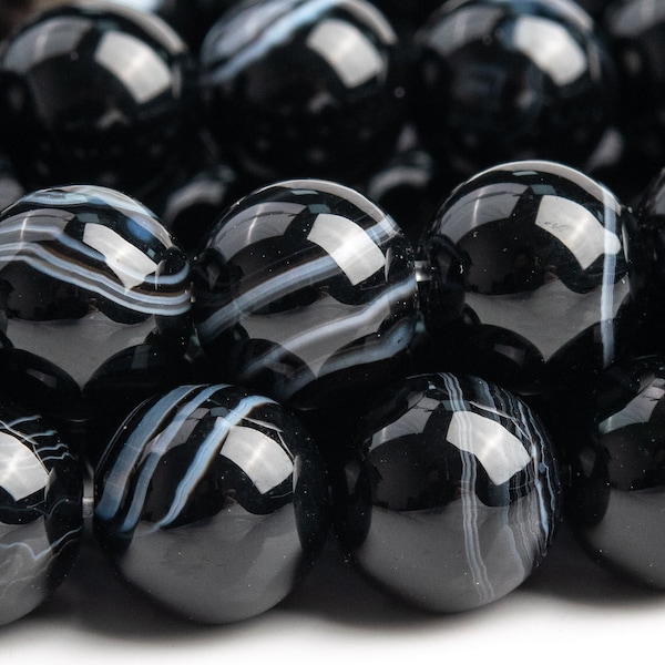 Genuine Natural Striped Agate Gemstone Beads 8MM Black Round AAA Quality Loose Beads (103481)