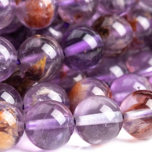 Cuentas sueltas de cuarzo con inclusiones de cacoxenita y amatista natural genuina, 8 mm, redondas y moradas, calidad AAA (105102)