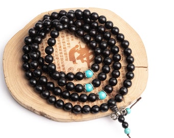 108 Pcs - 8MM Black Ebony Blackwood Mala Beads Natural Wood Round Beads 35" (80005)
