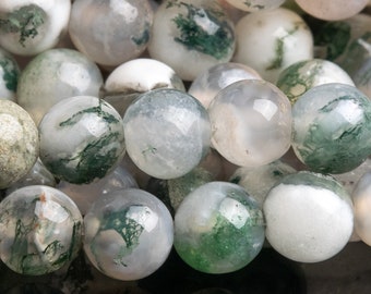 Genuine Natural Moss Agate Gemstone Beads 6MM Green & White Round A Quality Loose Beads (101225)