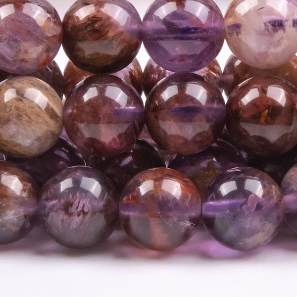 Genuine Natural Amethyst Cacoxenite Inclusions Quartz Gemstone Beads 8MM Brown Purple Round AAA+ Quality Loose Beads (124573)