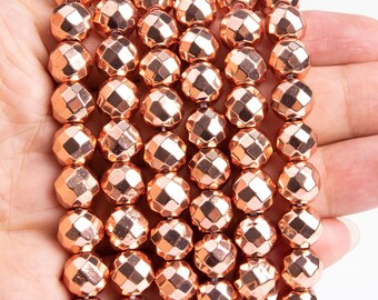 18k Rose Gold Hematite Gemstone Beads 9MM Faceted Round AAA Quality Loose Beads (107256)