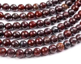 Genuine Natural Brecciated Jasper Gemstone Beads 8MM Dark Red Micro Faceted Round AAA Quality Loose Beads (124569)