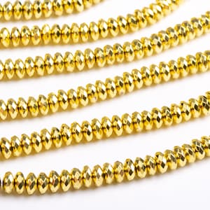 Hematite Gemstone Beads 5-6x3MM 18k Gold Faceted Rondelle AAA Quality Loose Beads (106953)