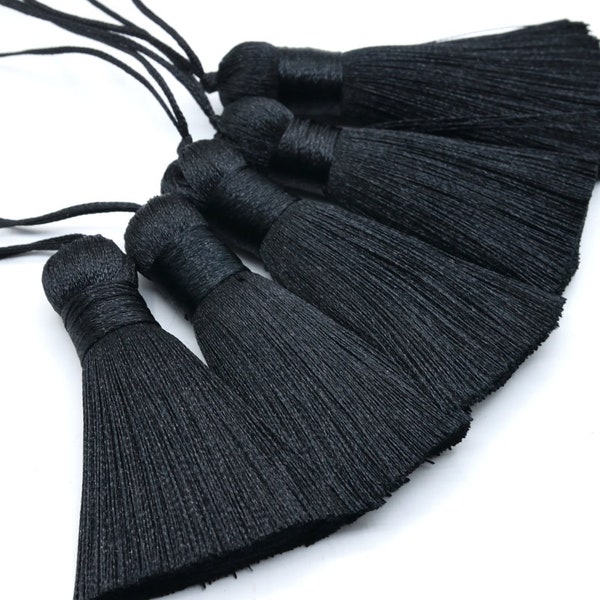 2 pièces - Glands noirs en soie artificielle de 5 cm (5,1 cm) d'épaisseur, pompons artisanaux de haute qualité, 1 cm (64101)