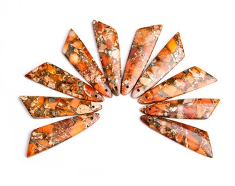 2 Pcs - Copper Imperial Jasper Pendant Orange Triangle Flat Back Natural Stone Mix Synthetic Drilled Cabochon 45x11x4MM (116807)