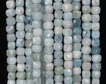 Genuine Natural Aquamarine Gemstone Beads 5MM Faint Blue Faceted Cube AA Quality Loose Beads (111730)