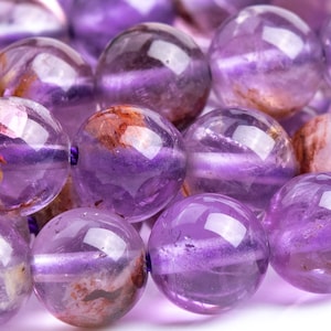 Cuentas sueltas de cuarzo con inclusiones de cacoxenita y amatista natural auténtica AAA, de 4 mm y 6 mm, redondas y moradas, de calidad A.