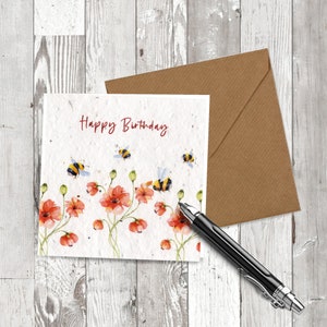 Plantable Birthday Card, Meadow flowers, Seeded card, Poppies and Bees. Can be personalised