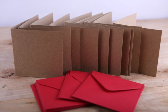 9.5 cm x 9.5cm Packs of 10 Kraft Brown creased card blanks & envelopes, Handmade cards