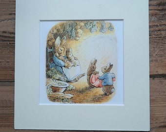 Mrs Rabbit 1940s Vintage mounted original colour page from Beatrix potter Tale of Benjamin Bunny 6x6 mounted picture
