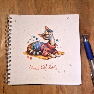 May include: Spiral-bound notebook with a cat illustration wearing a sweater. The cat is orange, white, and brown, with large blue eyes. The notebook has the text "Crazy Cat Lady" in red.