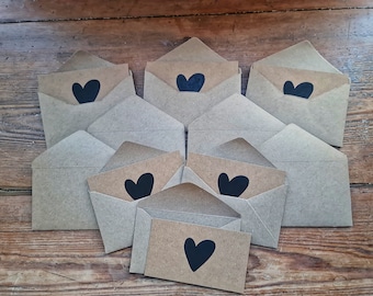 Pack of 10 Mini or Small Kraft notecards and envelopes, various designs
