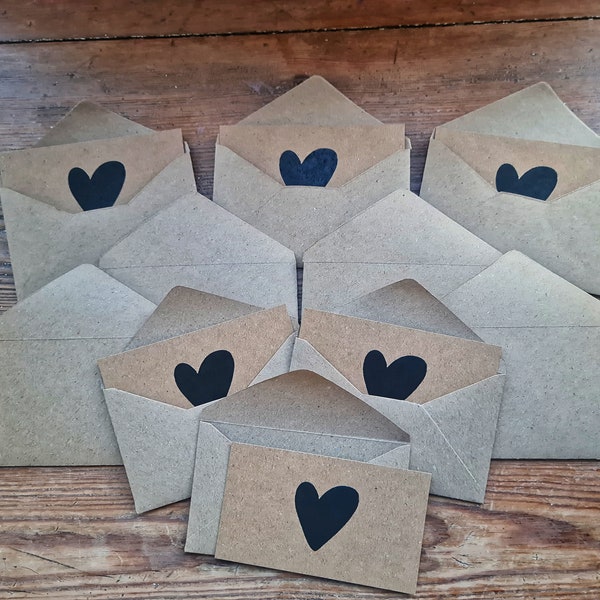 Mini & Small Kraft envelopes and heart. Star and Moon design notecards, Pack of 10