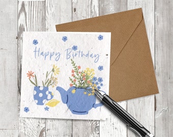 Plantable Birthday Card, Meadow flowers, tea pot and flowers