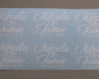 Custom-made vinyl party stickers,  Personalized stickers for glasses, wall, mirror, wedding greeting sign, names and dates, sticker