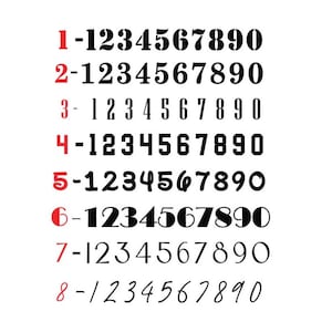 May include: A set of eight black numbers, 1 through 9, in different fonts. Each number is displayed on a separate line with a red number preceding it.