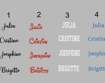 May include: Image featuring four columns of names: Julia, Cristine, Joesphine, and Brigitte. Each name appears in different fonts and colors, including black, red, white, and blue. The background is a solid gray.
