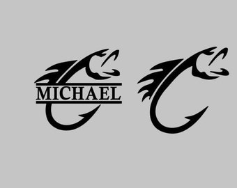 May include: Black and white silhouette of a fish hook with a stylized fish design. The hook is split in half with the name "MICHAEL" in the center.
