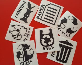 Vinilos para botes de basura con ideas para reciclar y compostar: varios colores y tamaños