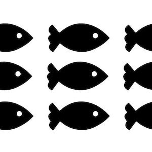 Puede incluir: Nueve iconos de peces negros en silueta dispuestos en tres filas de tres. Cada pez tiene un círculo blanco para el ojo.