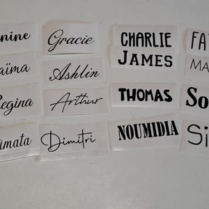 Può includere: Una collezione di etichette bianche con testo nero, che presenta una varietà di nomi, tra cui Krysten, Koumba, Marjane, Janine, Chaïma, Regina, Gracie, Ashlin, Arthur, Charlie James, Fatima Marjane, Thomas Sonia, Noumidia Siena, Christielle Brittany Disney e Camila.