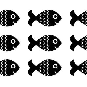 Puede incluir: Nueve ilustraciones de peces negros con ojos blancos y bocas sonrientes. Los peces tienen un patrón ondulado en sus cuerpos y están dispuestos en tres filas de tres sobre un fondo blanco. Los peces son de estilo caricatura.