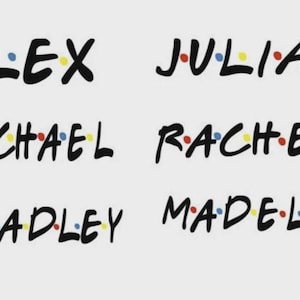 May include: The names ALEX, JULIA, MICHAEL, RACHEL, BRADLEY, and MADELYN are displayed in a black font, each with colorful dots. The font style is reminiscent of the popular TV show "Friends."
