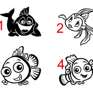 Puede incluir: Cuatro ilustraciones de peces de dibujos animados en blanco y negro. El primer pez sonríe con la boca abierta. El segundo pez tiene un aspecto más femenino con pestañas. El tercer pez sonríe con la boca abierta. El cuarto pez sonríe con la boca abierta.