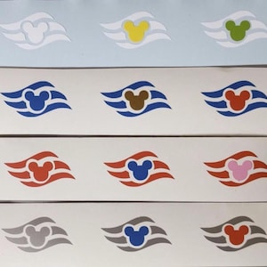 May include: A collection of colorful Mickey Mouse-themed decals. Each decal features the iconic mouse silhouette within a stylized wave design. Colors include white, yellow, green, blue, brown, red, and pink. The decals are arranged in rows on a white background.