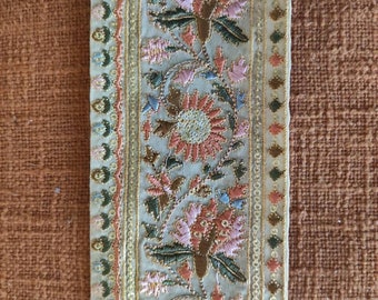 Indian braid embroidered ecru pink and orange flowers