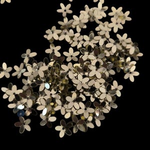 Pode incluir: Uma coleção de pequenas lantejoulas prateadas metálicas em forma de flor espalhadas sobre um fundo preto. As lantejoulas, com cinco pétalas, têm uma superfície refletora, criando um efeito brilhante. Ideal para projetos de artesanato.