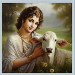 Krishna with Cow Art Print: Hindu God Poster (Digital Download)