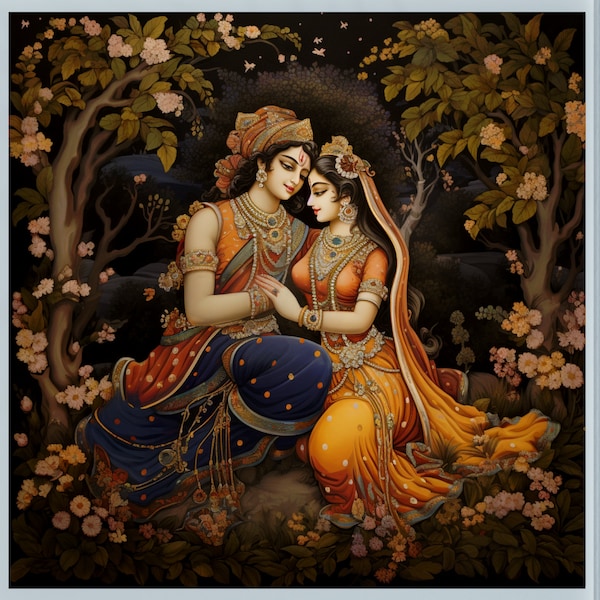 Radha Krishna Garden Pichwai Art Print Krishna AI Art Krishna Poster Krishna Digital Art