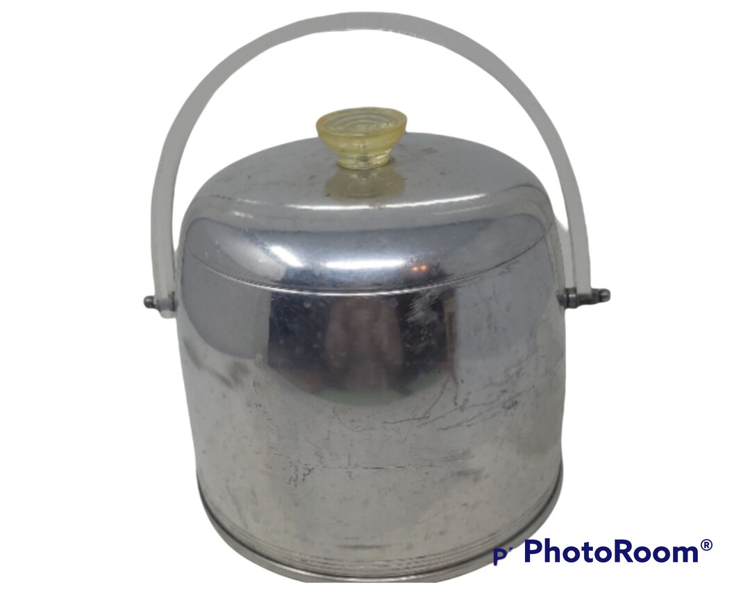 Vintage 1960's Atomic Retro Kromex Aluminum Ice Bucket With Lucite