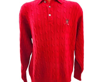 Vintage Ralph Lauren Polo Men's Red Cable Knit Sweater 100% Cotton Button Up Long Sleeve Size XL