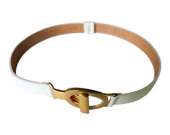 Vintage “Streets Ahead” White Leather Adjustable Belt Gold Buckle Size Vintage “streets Ahead” White Leather Adjustable Belt Gold  main image 2