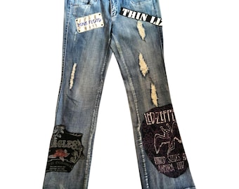 Custom Rock Band Jeans THIN LIZZY Pink Floyd EAGLES Led Zeppelin Women's Sz 2